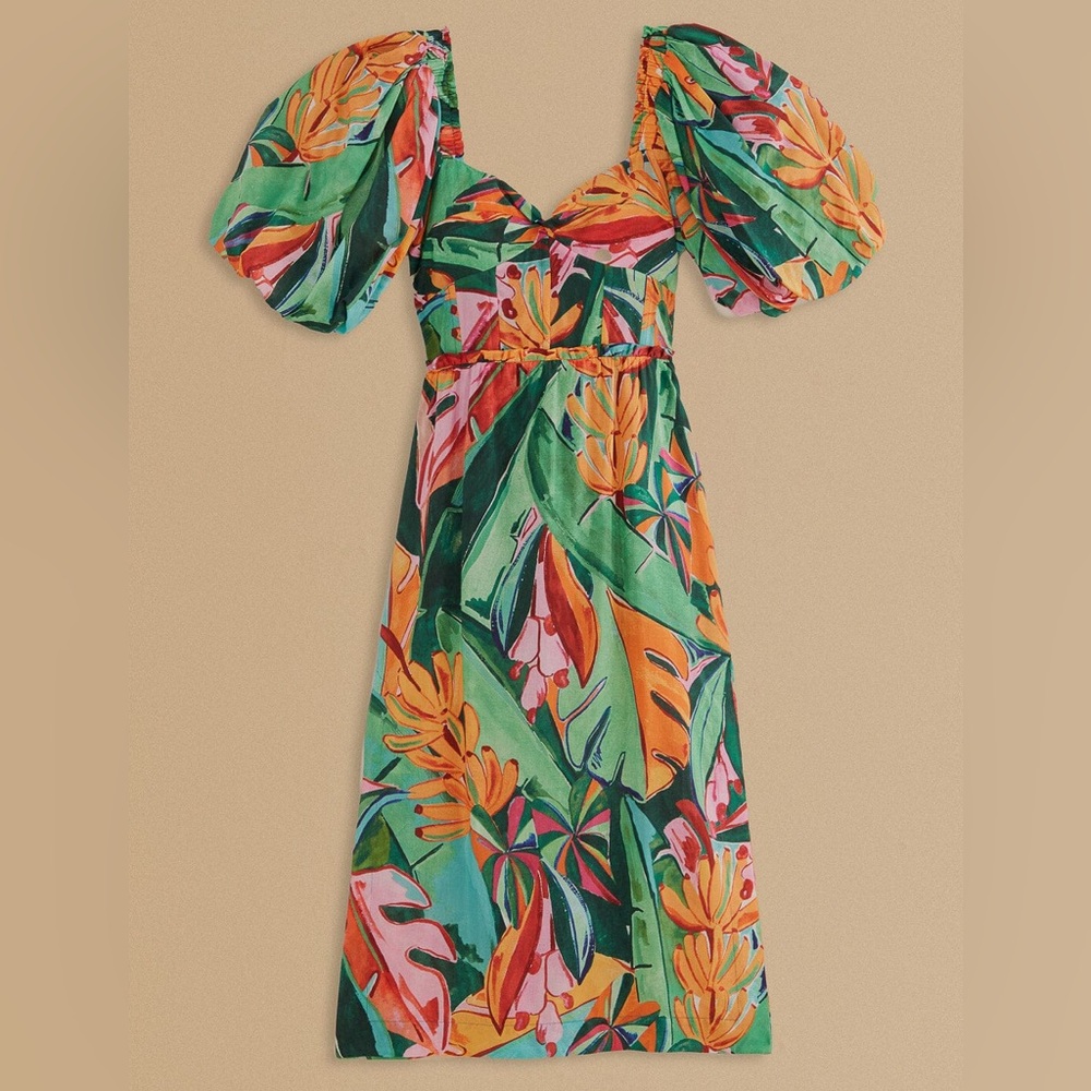 NWT FARM Rio Banana Foliage Multicolor Puffed Sleeve Midi Dress